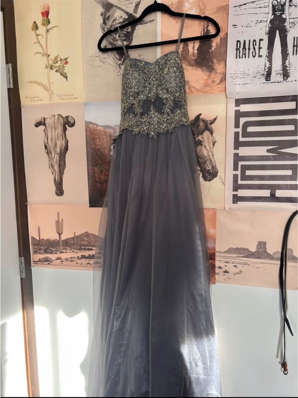 Strapless Embroidered Tulle Evening Dress in Gray